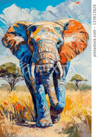 A vibrant, thick oil painting of a savanna elephant | A powerful and colorful art illustration A vibrant, thick oil painting of a savanna elephant | A powerful and colorful art illustration 133613828