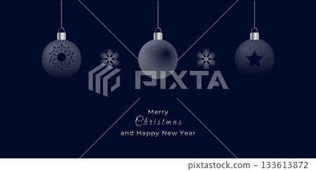 Merry Christmas and Happy New Year banner. Christmas balls, snowflakes spot textured on blue background. Vector illustration Merry Christmas and Happy New Year banner. Christmas balls, snowflakes spot textured on blue background. Vector illustration 133613872
