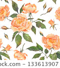 A seamless pattern of orange roses, buds, and leaves in a vintage style. Hand-drawn watercolor illustration on a white background. Perfect for decorating packaging, wrapping paper, textiles, and more 133613907