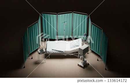 Empty Hospital Room Interior with Medical Equipment and Bed . 3D Rendering. 133614172