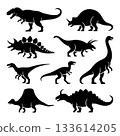 Silhouettes of various dinosaurs in unique poses and arrangements showcasing diverse species 133614205