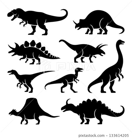 Silhouettes of various dinosaurs in unique poses and arrangements showcasing diverse species 133614205