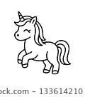 Cute unicorn with a joyful expression prancing playfully on a white background 133614210
