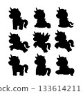 Collection of unique unicorn silhouettes on a plain background showcasing various poses and styles 133614211