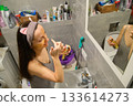 Daily Skincare Routine at Home in the Bathroom 133614273