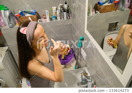 Daily Skincare Routine at Home in the Bathroom 133614273