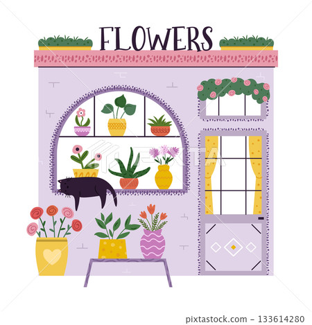 Cute Flower Shop Building Illustration, Floral Store Front, Botanical Plants and Pots 133614280