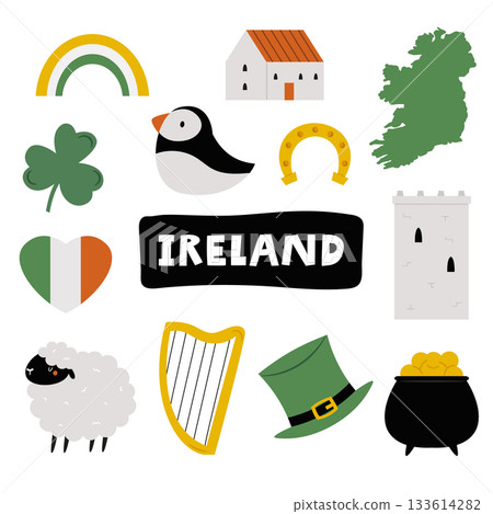 Cute Ireland Design with Icon Set. Irish Symbols, Shamrock, Hat, Sheep, Harp and Map. Vector Illustration in a Flat Style. 133614282