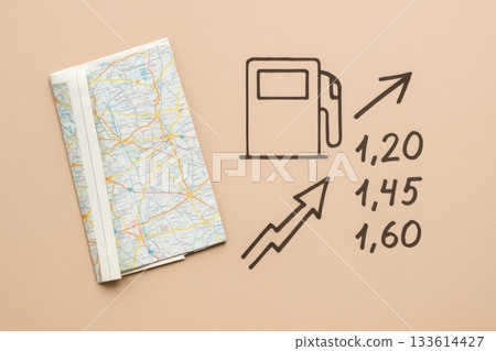Gas costs flatlay concept with price arrows, map on beige background 133614427