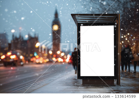 Snowy London bus stop banner with festive bokeh and blurred Big Ben backdrop Snowy London bus stop banner with festive bokeh and blurred Big Ben backdrop 133614599