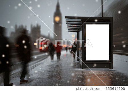 London winter banner mockup with holiday lights and snow. London winter banner mockup with holiday lights and snow. 133614600