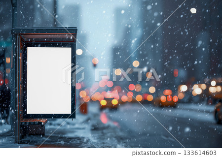 NYC subway winter banner mockup with soft festive blur. 133614603