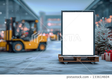 Snowy logistics banner mockup with light festive accents and motion blur. 133614604