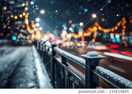 Creative nighttime backdrop for designers featuring snowy street and festive lights 133614605