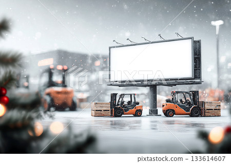 Winter logistics banner with subtle festive details and softly blurred truck motion 133614607