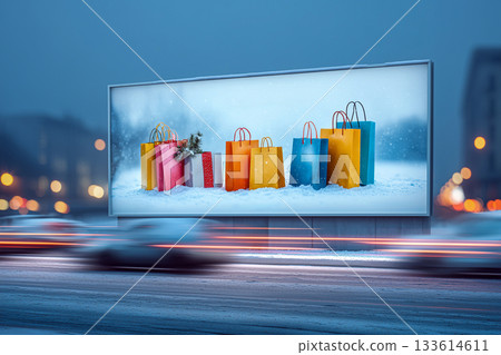 Winter parking lot banner with holiday shopping bags and dynamic car light trails 133614611