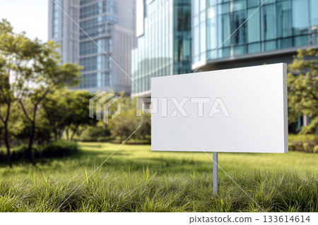 Empty lawn sign in front of a modern glass office building. Empty lawn sign in front of a modern glass office building. 133614614