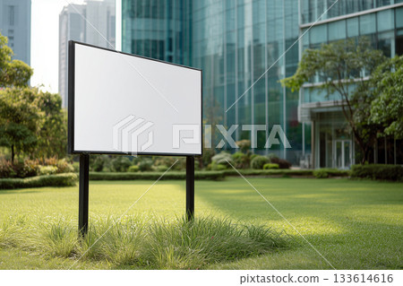 Rectangular Blank White Advertising Sign Mockup On Grass Near Office Rectangular Blank White Advertising Sign Mockup On Grass Near Office 133614616