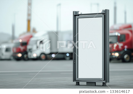 Empty digital kiosk stand in a truck parking lot with blurred background. 133614617