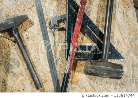Construction tools on the wooden table, close up view Construction tools on the wooden table, close up view 133614744