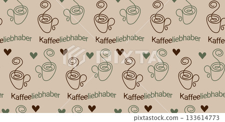 One Continuous Line Coffee Cup and hearts with German Text Kaffeeliebhaber Seamless Pattern Banner. Isolated Vector illustration Coffee Day Greeting Thematic Cards Backdrop Bar Cafe, leaflets, posting One Continuous Line Coffee Cup and hearts with German Text Kaffeeliebhaber Seamless Pattern Banner. Isolated Vector illustration Coffee Day Greeting Thematic Cards Backdrop Bar Cafe, leaflets, posting 133614773