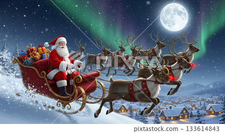 聖誕老人乘坐馴鹿拉的雪橇，滿載禮物，在空中飛行。 133614843