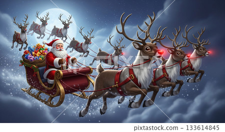 聖誕老人乘坐馴鹿拉的雪橇，滿載禮物，在空中飛行。 133614845