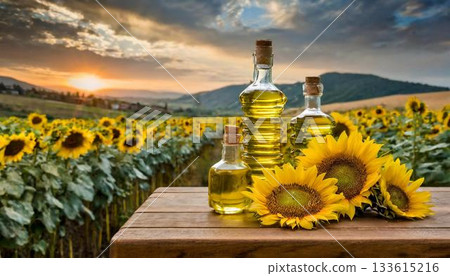 oil bottle on sunflower field oil bottle on sunflower field 133615216