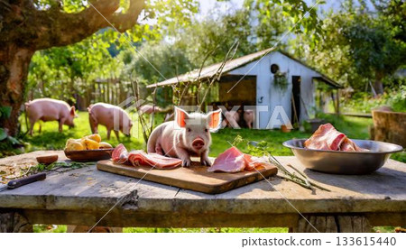 many chicken and quail eggs on wooden table 133615440