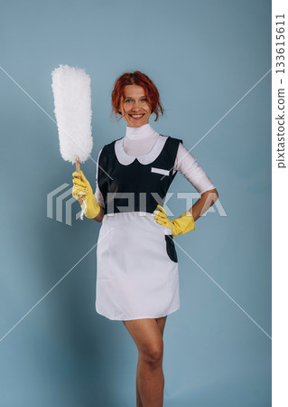 Maid is with dust brush. Woman is in the studio against background 133615611