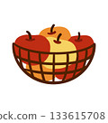 Bowl of red and yellow apples. Wire basket filled with fresh fruits. Healthy food. Isolated vector illustration on white background 133615708