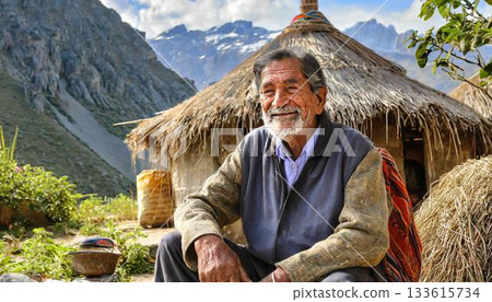 old man sitting on the bamboo mat old man sitting on the bamboo mat 133615734