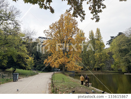 Many people can be seen walking their dogs in the Parc des Buttes Chaumont in the 19th arrondissement of Paris (people are seen from behind) Many people can be seen walking their dogs in the Parc des Buttes Chaumont in the 19th arrondissement of Paris (people are seen from behind) 133615867