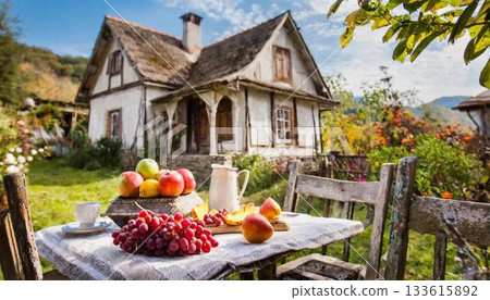 red apples on a wooden bench on the hill 133615892