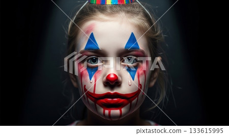 Close Up Portrait of Girl in Dark Setting with Clown Makeup and Colorful Party Hat Close Up Portrait of Girl in Dark Setting with Clown Makeup and Colorful Party Hat 133615995