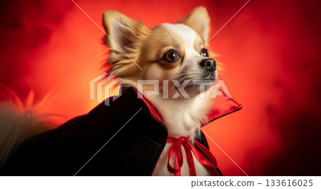 Chihuahua Dog Posing in Vampire Costume Against Red Background Lighting 133616025