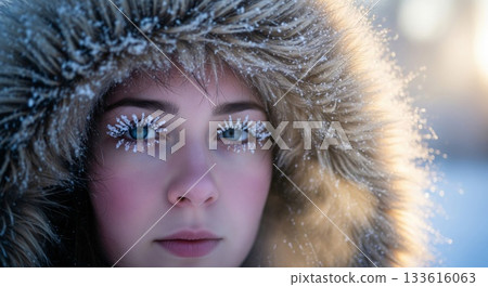 Close Up Portrait of Young Woman with Frost on Eyelashes and Fur Hood in Winter 133616063
