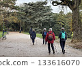 A group of people walking with walking sticks in the Parc des Buttes Chaumont in the 19th arrondissement of Paris (people seen from behind) 133616070