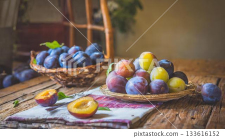 fresh plums in a wicker basket on wooden table 133616152