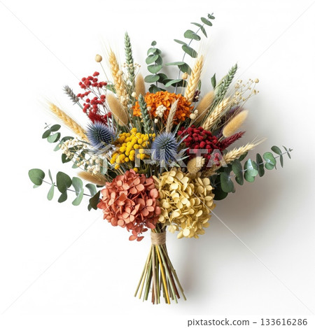Vibrant Dried Flower Bouquet with Eucalyptus on White Background 133616286
