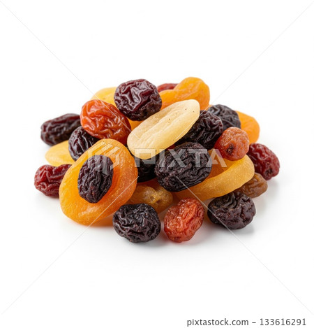 Dried Apricots Raisins Mixed Fruit Snack Pile on White Background Closeup 133616291