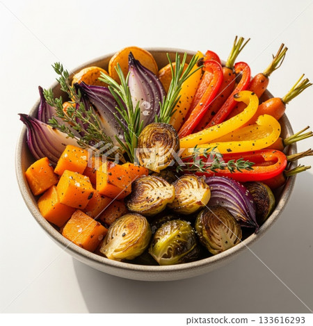 Roasted Vegetables Medley in Ceramic Bowl with Butternut Squash Peppers Brussels Sprouts and Onions Roasted Vegetables Medley in Ceramic Bowl with Butternut Squash Peppers Brussels Sprouts and Onions 133616293