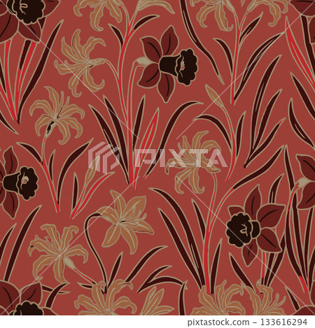 Elegance Seamless pattern with flowers narcissus. Watercolor floral texture with botanical illustration of narcissus flower. Vector illustration 133616294