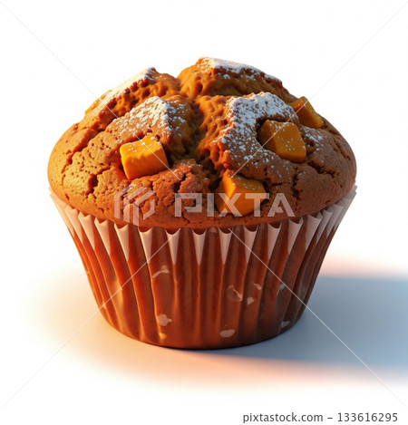 Delicious Looking Muffin with Orange Pieces and Icing Sugar on White Background Delicious Looking Muffin with Orange Pieces and Icing Sugar on White Background 133616295