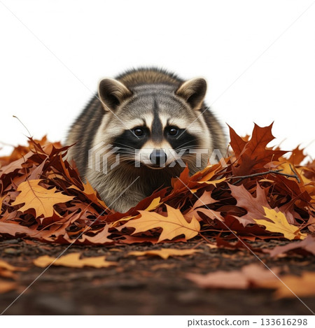 Raccoon Surrounded by Fallen Autumn Leaves in Studio with Bright White Background Raccoon Surrounded by Fallen Autumn Leaves in Studio with Bright White Background 133616298