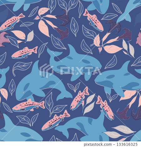 Seamless pattern with killer whales. Orca vector background. Vector illustration. Perfect for fabric, apparel, and packaging. 133616325