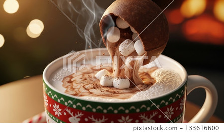 Hot Chocolate Bomb Exploding into Mug with Marshmallows and Festive Holiday Background 133616600