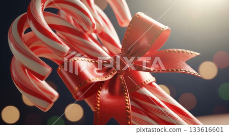Candy Canes Tied with Red Ribbon and Holiday Lights Backdrop Candy Canes Tied with Red Ribbon and Holiday Lights Backdrop 133616601