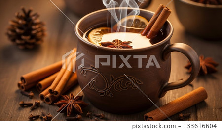Steaming Mulled Wine in Brown Ceramic Mug with Cinnamon Sticks Anise and Orange Slices 133616604