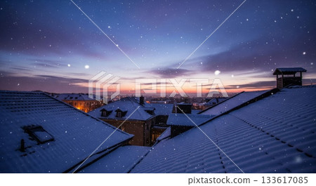 Snow Covered Rooftops at Dusk with Falling Snow and a Colorful Sky Snow Covered Rooftops at Dusk with Falling Snow and a Colorful Sky 133617085